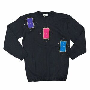 Wye Oaks Vintage Black Sweater with Colorful Geometric Design